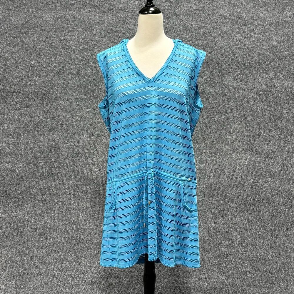 Calvin Klein Cover Up Womens L XL Blue Hooded Sleeveless Pocket Swim Tunic